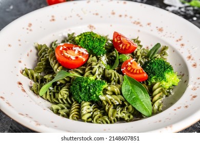 Vegetable Penne Pasta With Spinach. Proper Diet. Clean Eating, Dieting, Vegan Food Concept. Top View,