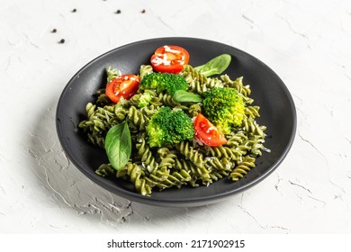 Vegetable Penne Pasta With Spinach. Proper Diet. Clean Eating, Dieting, Vegan Food Concept. Top View,