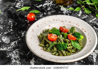 Vegetable Penne Pasta With Spinach. Proper Diet. Clean Eating, Dieting, Vegan Food Concept. Top View,