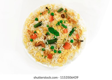 Vegetable Pulao / Mixed  Veg Biryani Isolated On White Overhead View