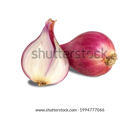 Vegetable, red onion or shallot, isolated, on white background. Red onion have pungent taste, help expel wind, and relieve flatulence. Eating has positive effect body. It very high nutritional value.