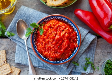 Vegetable Relish, Chutney, Lutenica, Pindjur. Traditional Balkan Food. Top View.