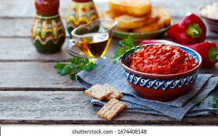 Vegetable Relish, Chutney, Lutenica, Pindjur. Traditional Balkan Food. Copy Space.