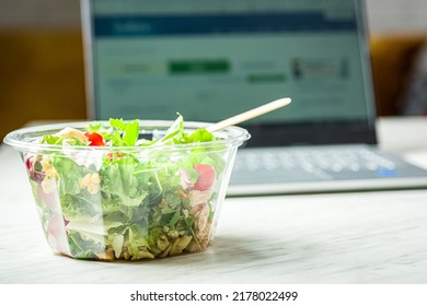 vegetable salad with chicken and noodles in a transparent plastic box - launchbox