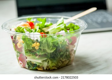 vegetable salad with chicken and noodles in a transparent plastic box - launchbox
