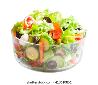 Vegetable Salad In Glass Bowl, Isolated On White