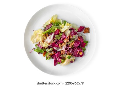 Vegetable Salad With Red Cabbage And Sun-dried Tomatoes. Balanced, Nutritious, Tasty And Nutritious Food. Ready-made Menu For A Restaurant Or For Delivery. Dish In A White Plate Isolated On A White