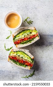 Vegetable Sandwich In Paper Bag, Top View. Vegan Healthy Food, Takeaway Food.