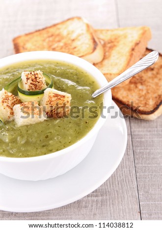 Similar – Image, Stock Photo Spinach soup bowl with walnuts. Healthy food