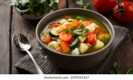 Vegetable Soup: A hearty and healthy soup made with a variety of fresh vegetables like carrots, celery, tomatoes, and zucchini