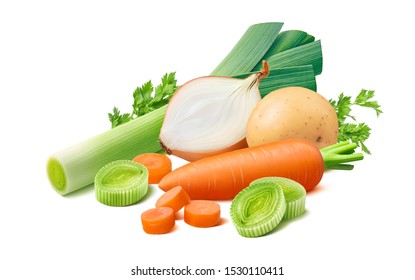 Vegetable soup ingredients. Leek, carrot, potato and onion isolated on white background. Package design element with clipping path - Powered by Shutterstock