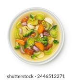 Vegetable soup isolated on white background, top view