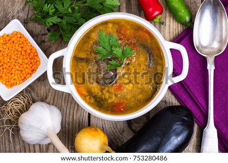 Vegetable soup with lentils. Studio Photo