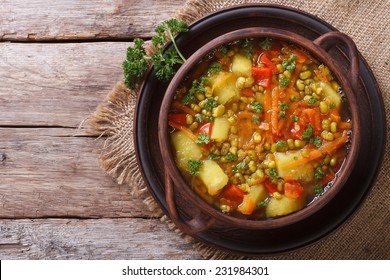 Vegetable soup with mungbeen closeup on the table. top view horizontal 