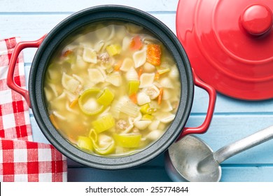 Vegetable Soup With Pasta In Pot