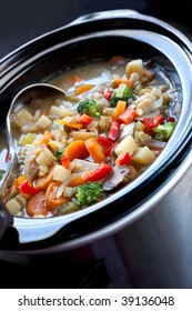 Vegetable Soup, Slow-cooked In A Crock Pot, Ready To Serve.