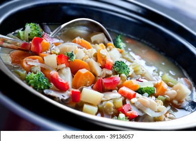 Vegetable Soup, Slow-cooked In A Crock Pot, Ready To Serve.