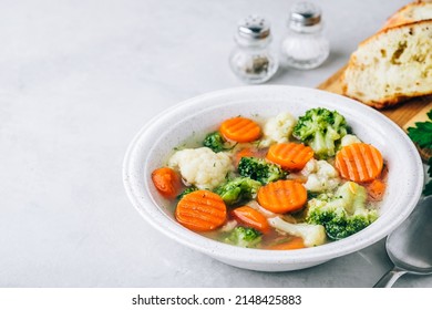 Vegetable Soup. Spring Broccoli, Cauliflower, Carrots Soup In Bowl. Healthy Eating.