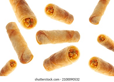Vegetable spring rolls flying on isolated white background full and cut. - Shutterstock ID 2100090532