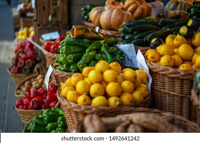 Vegetable Stand At Traditional Market In Venice, Italy. Organic, Agriculture Products. Freshly, Seasonal Harvested Vegetables. Bio, Healthy Food. Vegetarian Food.