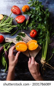 Vegetable Still Life. Harvest Of Tomatoes. Eggplant, Celery, String Beans. The Chef Prepares A Vegetable Lunch. Cutting A Tomato. Cooking Vegan Food.