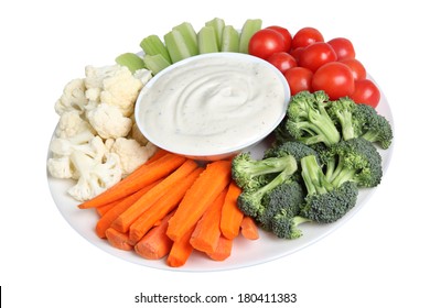 Vegetable Tray With Cauliflower, Celery, Tomatoes, Broccoli, Carrot Sticks And Ranch Dip