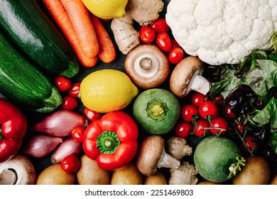 Vegetables. Assortment fresh ripe organic vegetables, top view - Shutterstock ID 2251469803