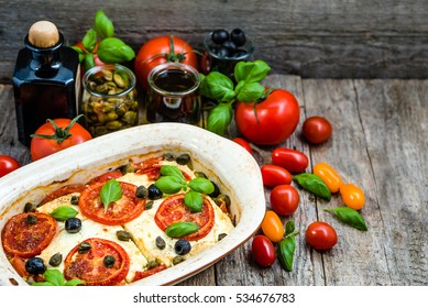 Vegetables Baked With Feta. Healthy Eating, Vegetarian Dish. Greek Food Of Mediterranean Cuisine.