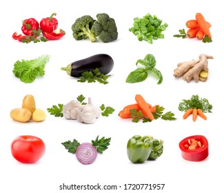 Vegetables Collection Isolated Over White Background. Set Of Different Fresh Raw Veggies. Food Ingredient. Healthy Food Concept.