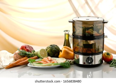 Vegetables Cooking Into Food Steamer