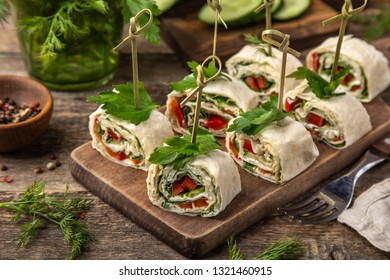 Vegetables And Cream Cheese Roll Ups, Selective Focus, Wooden Background