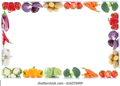 Vegetables frame copyspace copy space border tomatoes lettuce bell pepper isolated on a white background in a row