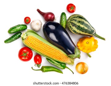 Vegetables fresh still life top view. Isolated on white background