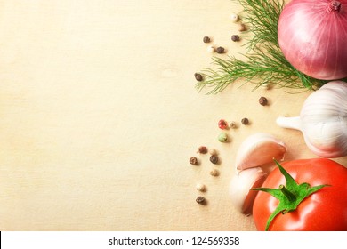 vegetables fresh tomato with onion, garlic and spices on cutting board