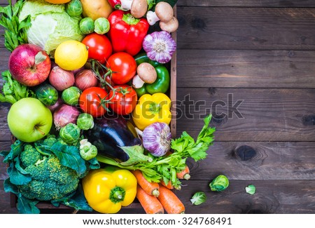 Vegetables and fruits in box copy space background.Delivery service local market organic food.