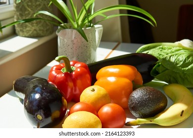 Vegetables And Fruits In A Delivery Box. Fast Delivery Of Fresh Products. Food For Vegetarian And Vegan