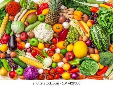 Vegetables and fruits fresh large overhead mix group colorful background assorted in studio - Shutterstock ID 1047429388