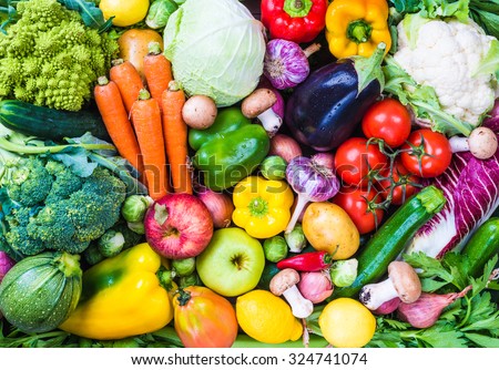 Vegetables and fruits healthy background.Healthy organic food concept.