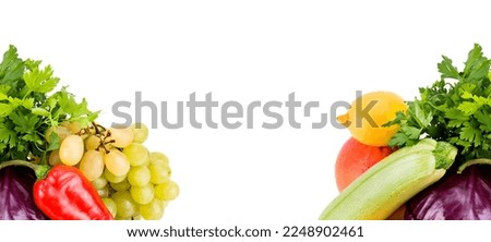 Vegetables and fruits isolated on white background. Collage. Free space for text. Wide photo.