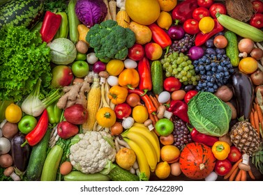 Vegetables And Fruits Large Overhead Mix Group On Colorful Background In Studio