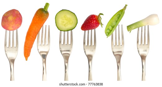 Gemüse und Früchte auf der Sammlung von Gabel, Ernährungskonzept