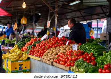 Vegetables And Fruits On The Counter At The Street Food Market. Tbilisi, Georgia - 03.16.2021