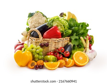 Vegetables and fruits in wicker basket isolated. Organic vegetable on white background - Shutterstock ID 2167660941