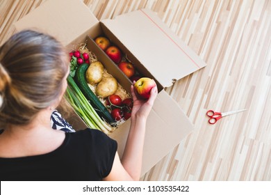 Vegetables Grocery Box, Woman Holding A Apple, Delivery Box