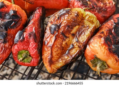 Vegetables On Barbecue Grid Grill. Grilled Peppers. Cooking On The Grill In The Garden. Shallow Depth Of Field