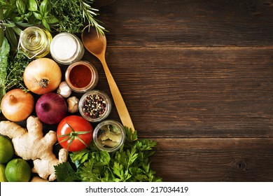 Vegetables On Old Wooden Background Overhead Close Up Shoot