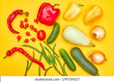 Vegetables On Yellow Background, Flatlay