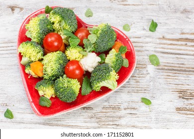 Vegetables. Raw Vegetable In Heart Shaped Plate. Diet Concept. Macrobiotic. 