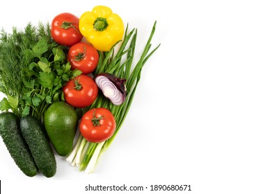 Vegetables top view on white isolated background