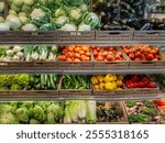 Vegetables of various kinds displayed in boxes on shelves in the greengrocer